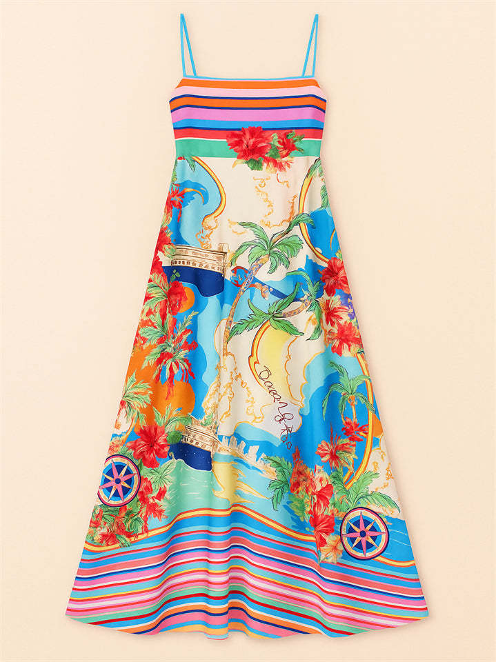 Ladies' Comfy Holiday Style Beach Printed Big Hem Strap Dress