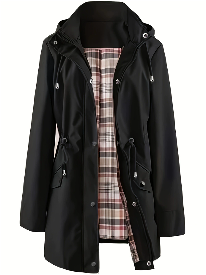 Women's Outdoor Casual Plaid Lining Trench Coat with Detachable Hood