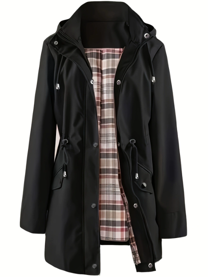 Women's Outdoor Casual Plaid Lining Trench Coat with Detachable Hood
