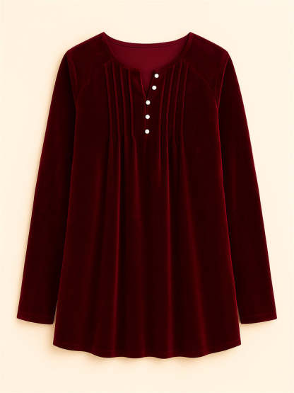 Women's Solid Color Velvet Pleated Asymmetrical Hem Long Sleeve Shirts