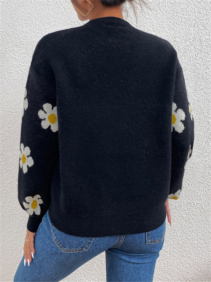Women's Trendy Floral Printed Round Neck Puff Sleeve Sweaters