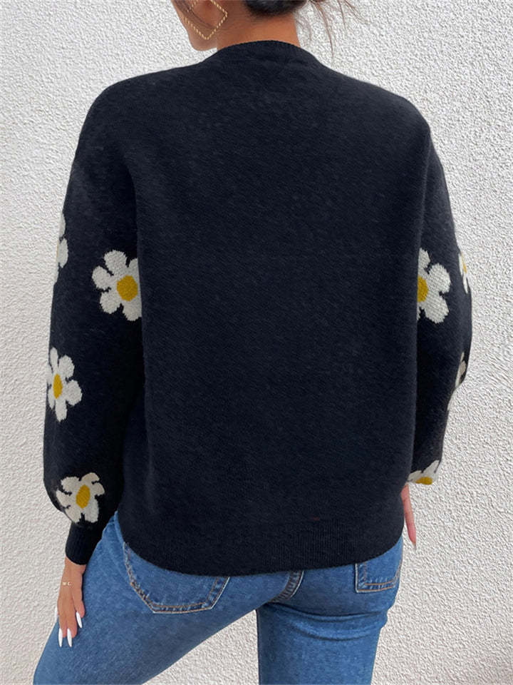 Women's Trendy Floral Printed Round Neck Puff Sleeve Sweaters
