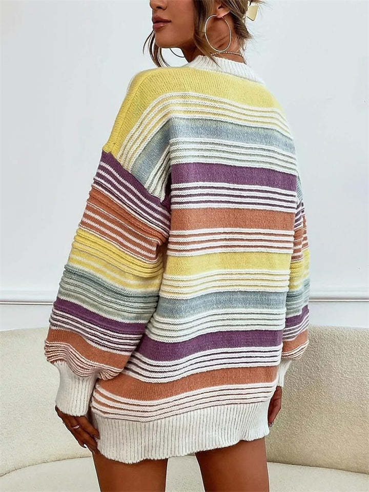 Women's Autumn Rainbow Color Striped Round Neck Sweaters