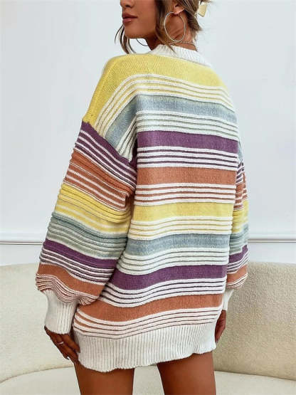 Women's Autumn Rainbow Color Striped Round Neck Sweaters