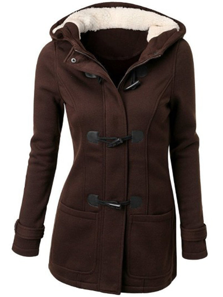 Women's Retro Fleeced Solid Color Horn Buckle Hooded Jackets