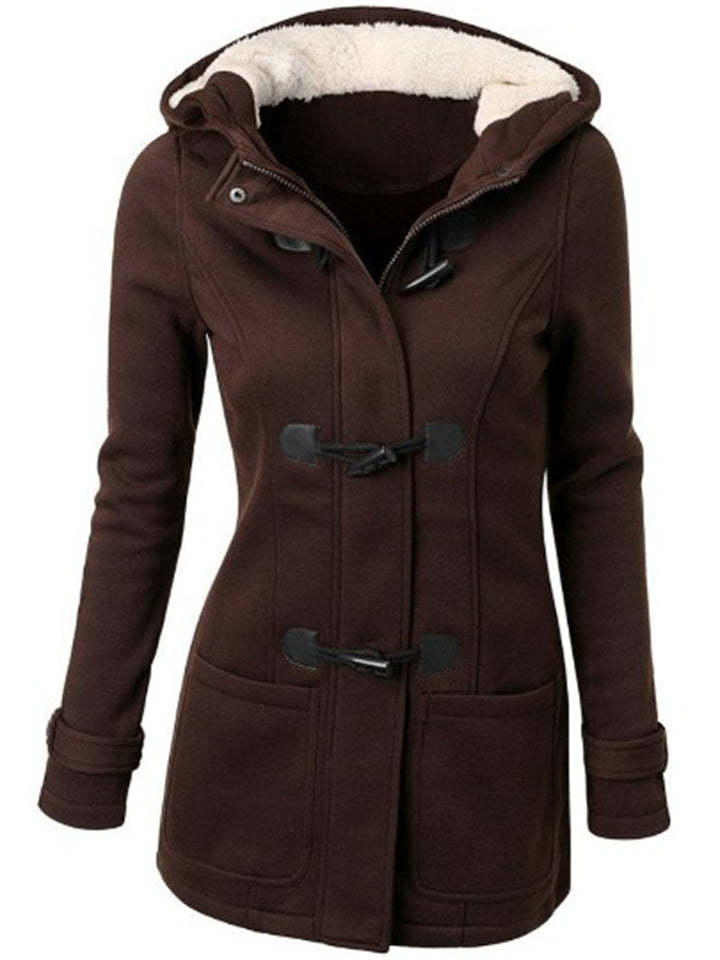 Women's Retro Fleeced Solid Color Horn Buckle Hooded Jackets
