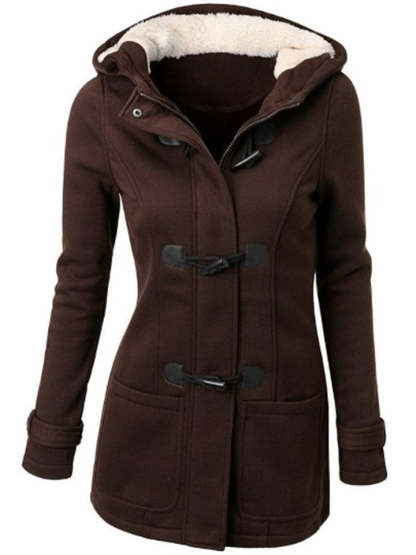 Women's Retro Fleeced Solid Color Horn Buckle Hooded Jackets