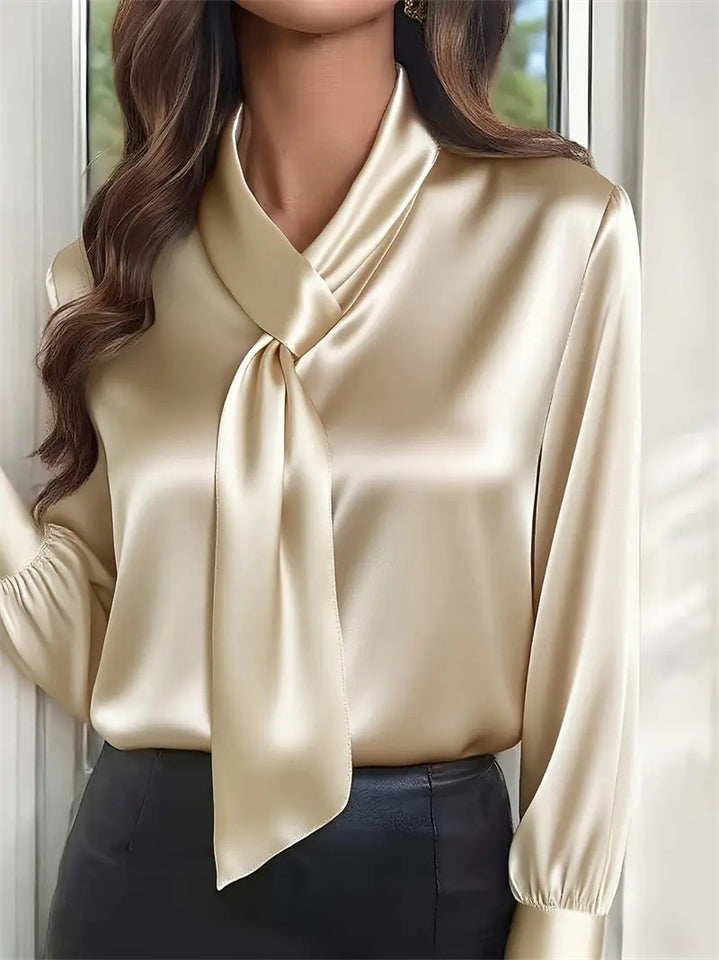 Ladies' Elegant Satin Solid Color Lace Up Long Sleeve Blouses