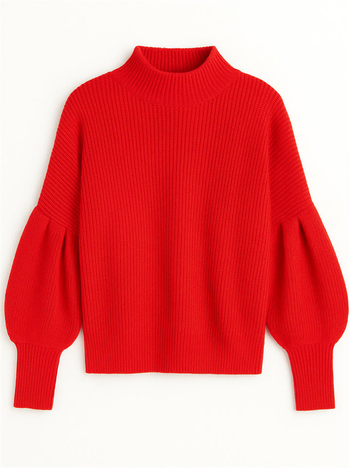 Women's Elegant Solid Color Turtle Neck Raglan Sleeve Knitted Sweater