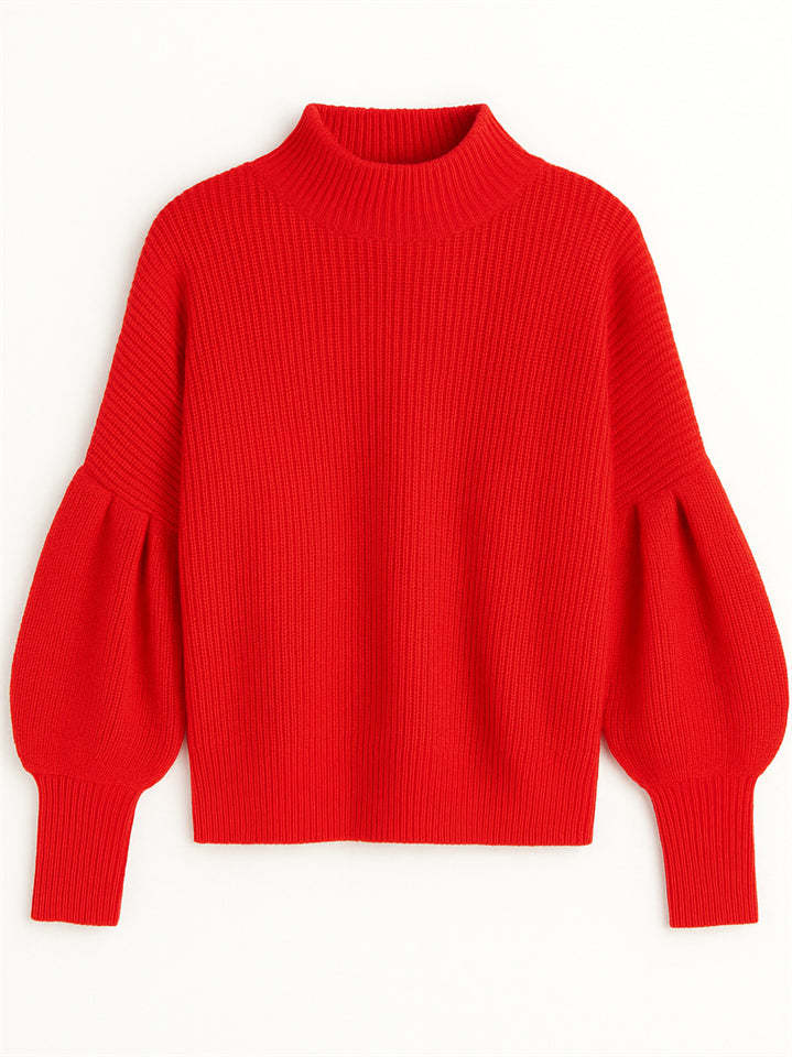 Women's Elegant Solid Color Turtle Neck Raglan Sleeve Knitted Sweater