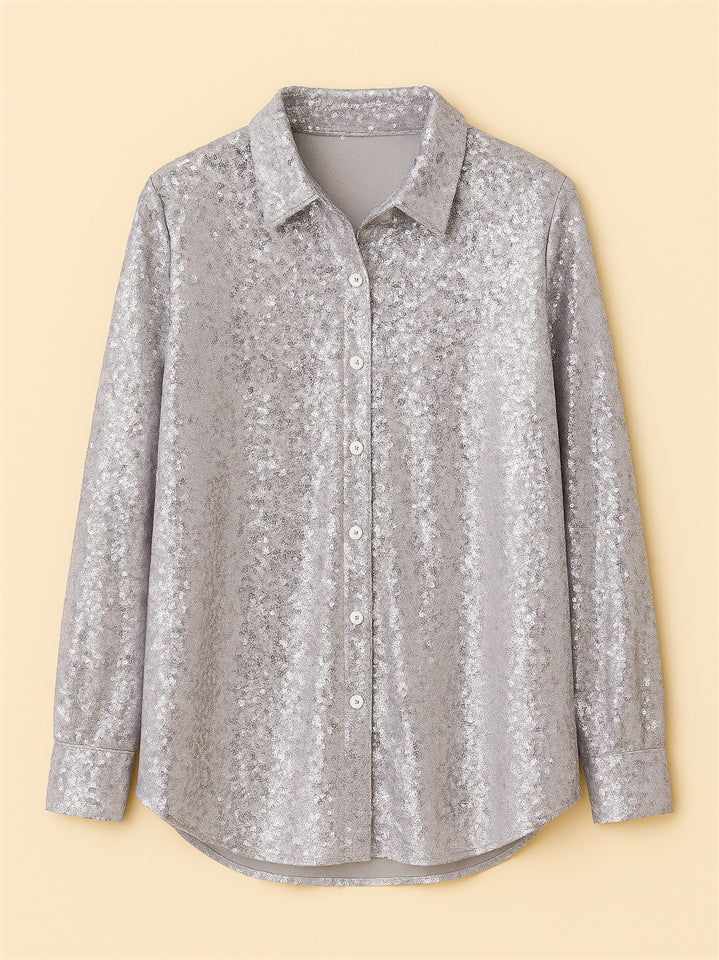 Women's American Style Solid Color Bling Sequin Long Sleeve Blouses