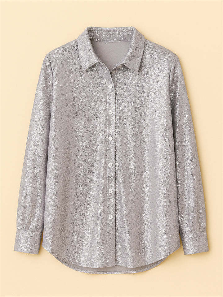 Women's American Style Solid Color Bling Sequin Long Sleeve Blouses