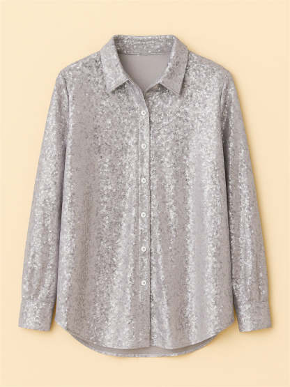 Women's American Style Solid Color Bling Sequin Long Sleeve Blouses