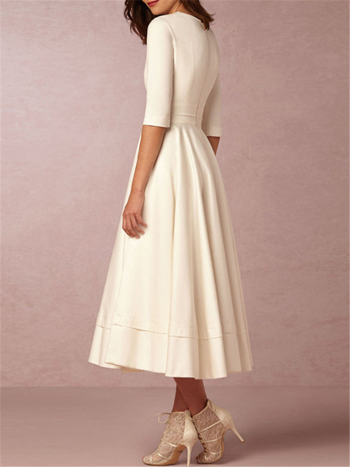 Ladies' Elegant Deep-V Neck Solid Color Half Sleeve Midi Dress
