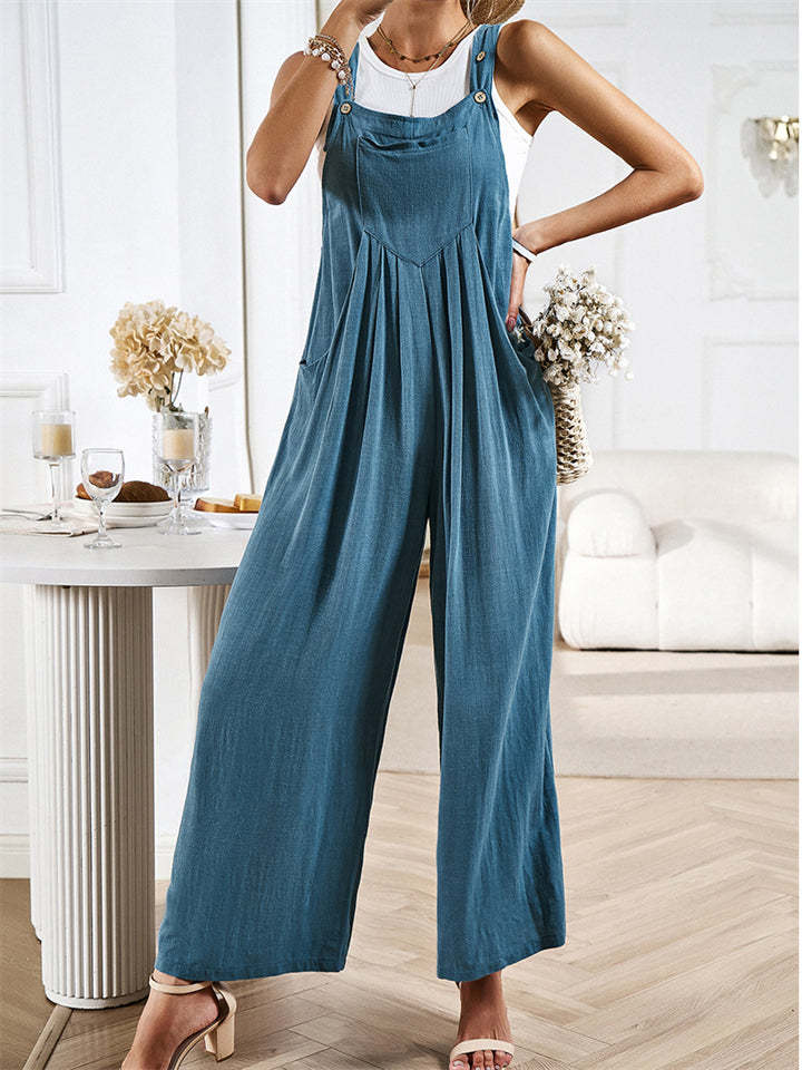 Women's Summer Casual Solid Color Strappy Wide Leg Jumpsuits