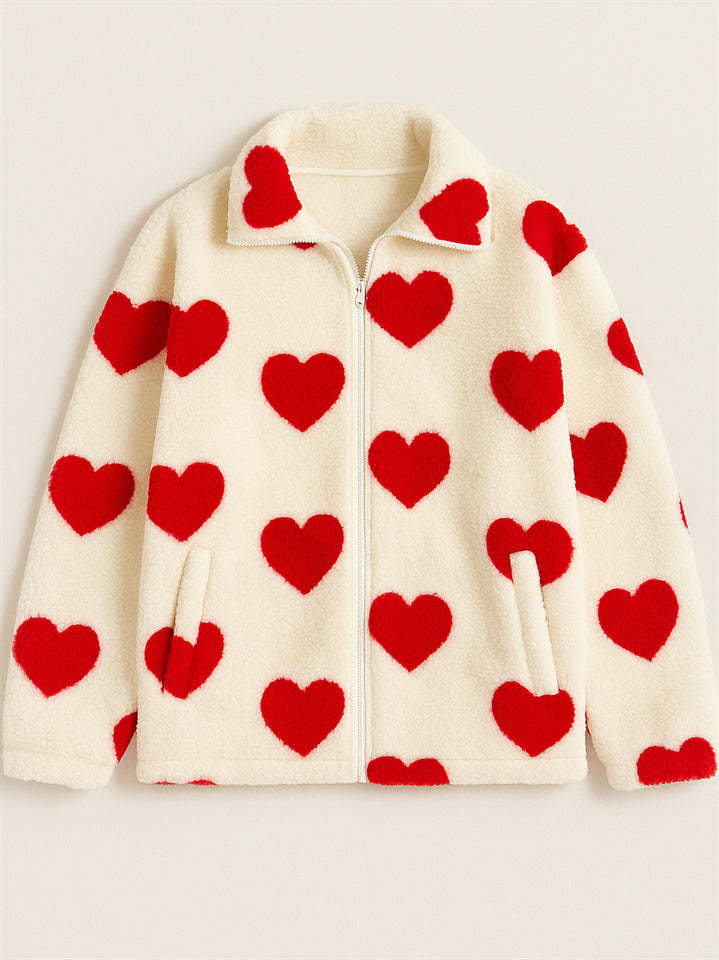 Autumn Cute Heart Shape Pattern Zip Up Fleece Coats for Women