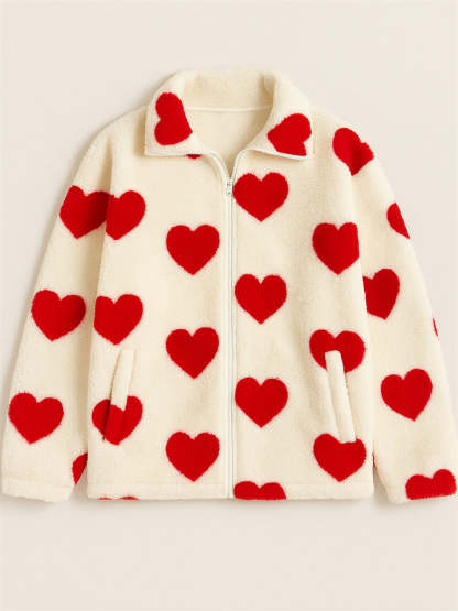 Autumn Cute Heart Shape Pattern Zip Up Fleece Coats for Women