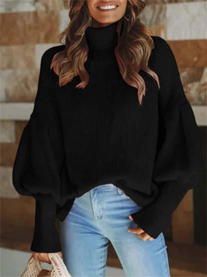 Women's Elegant Solid Color Turtle Neck Raglan Sleeve Knitted Sweater