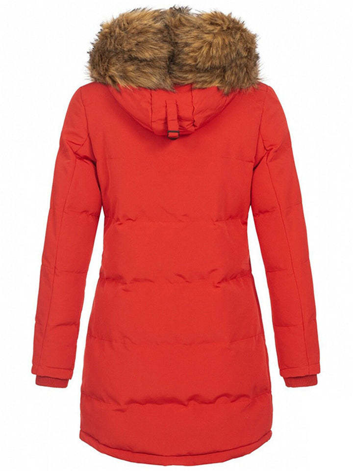 Women's Winter Solid Color Mid-Length Padded Coat with Faux Fur Hood