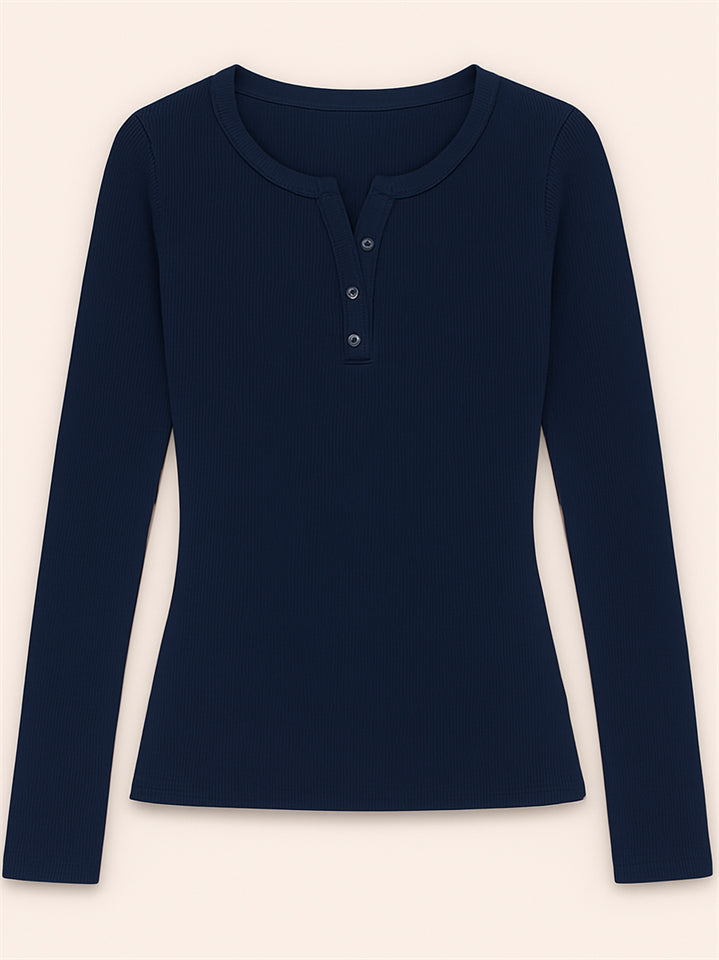 Solid Color Striped Buttons Pullover Slim-fit Long Sleeve Shirts for Women