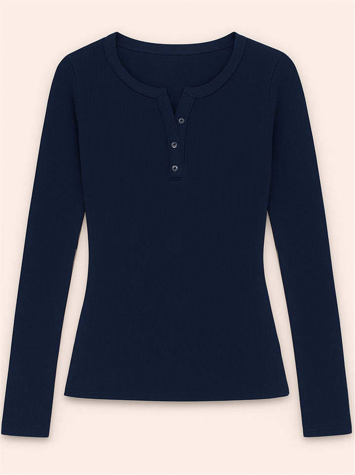 Solid Color Striped Buttons Pullover Slim-fit Long Sleeve Shirts for Women