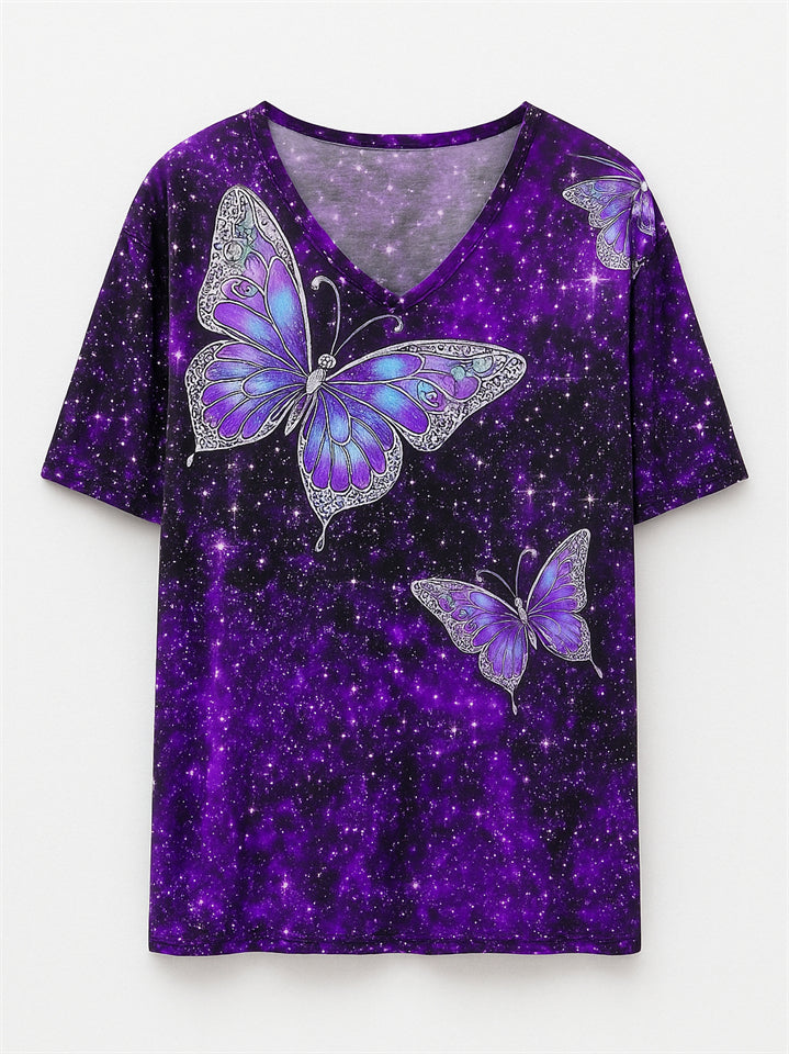 Women's Casual Short-Sleeved V Neck Butterfly Print T-Shirt