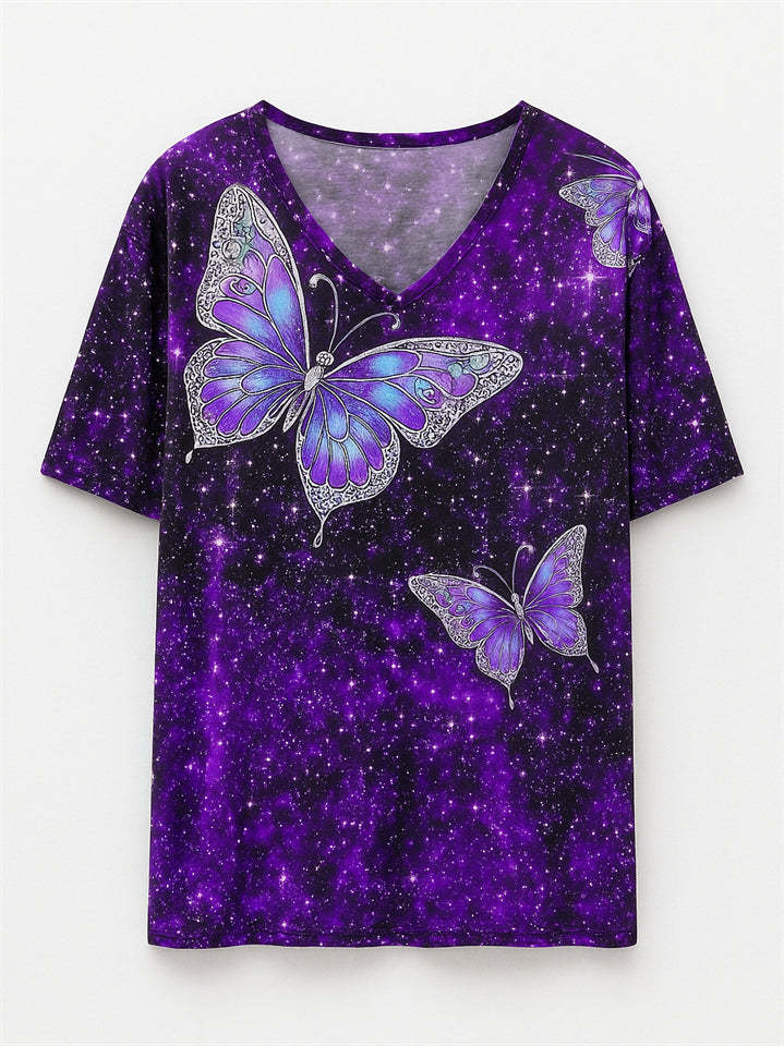 Women's Casual Short-Sleeved V Neck Butterfly Print T-Shirt