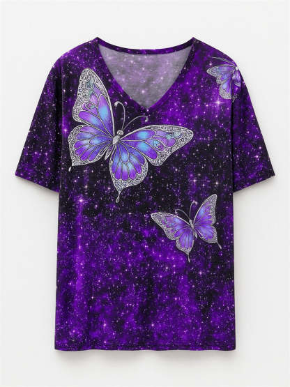Women's Casual Short-Sleeved V Neck Butterfly Print T-Shirt
