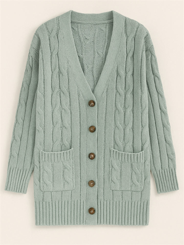 Women's Solid Color Ribbed Knit Button Up Cardigan Sweater with Pockets