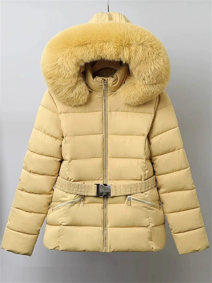 Winter Solid Color Belted Fleeced Coat with Faux Fur Collar