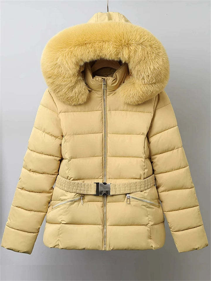 Winter Solid Color Belted Fleeced Coat with Faux Fur Collar