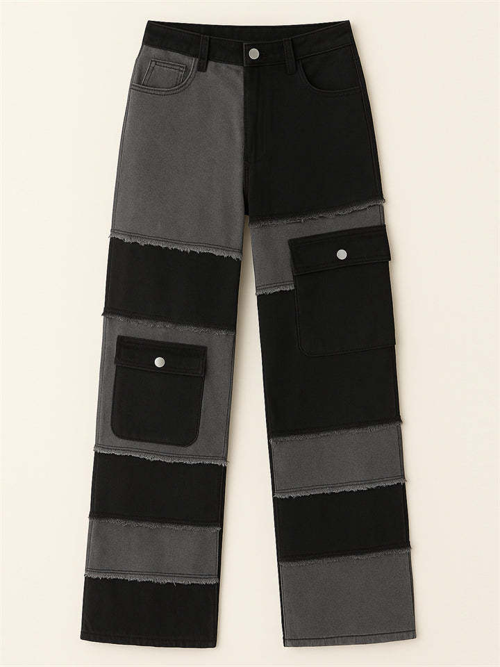 Casual Pockets Contrast Color Patchwork Straight Jeans for Women