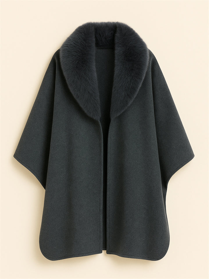 Ladies Autumn Solid Color Long-sleeved Faux Fur Collar Cloak Coats