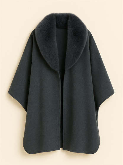 Ladies Autumn Solid Color Long-sleeved Faux Fur Collar Cloak Coats