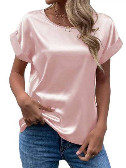 Female's Summer Simple Solid Color Round Neck Short Sleeve Satin Shirts