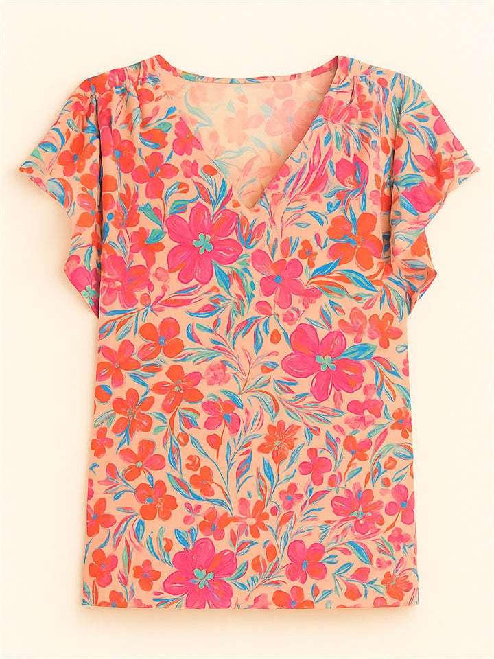 Women's Summer Boho Style Floral Print Ruffled Short Sleeve Shirts