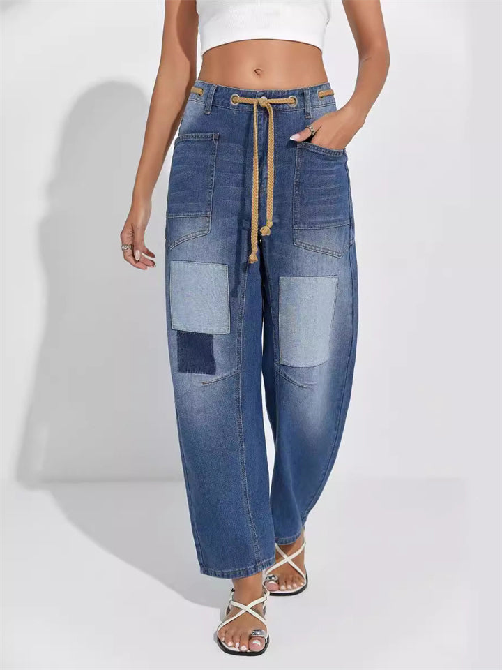 Women's Trendy Knee Patch High Waist Lace Up Staight Jeans