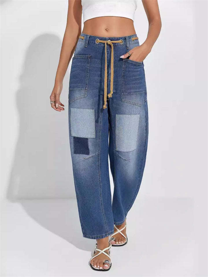 Women's Trendy Knee Patch High Waist Lace Up Staight Jeans