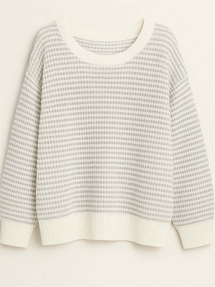Comfy Autumn Elegant Contrast Color Striped Sabrina Collar Sweaters