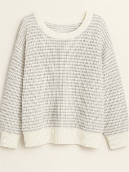 Comfy Autumn Elegant Contrast Color Striped Sabrina Collar Sweaters