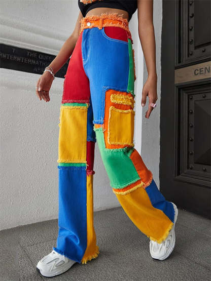 Women's Trendy Color Block Patchwork High Rise Denim Pants