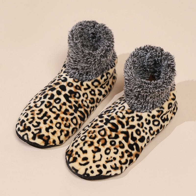 Fur Lined Leopard Indoor Floor Socks  