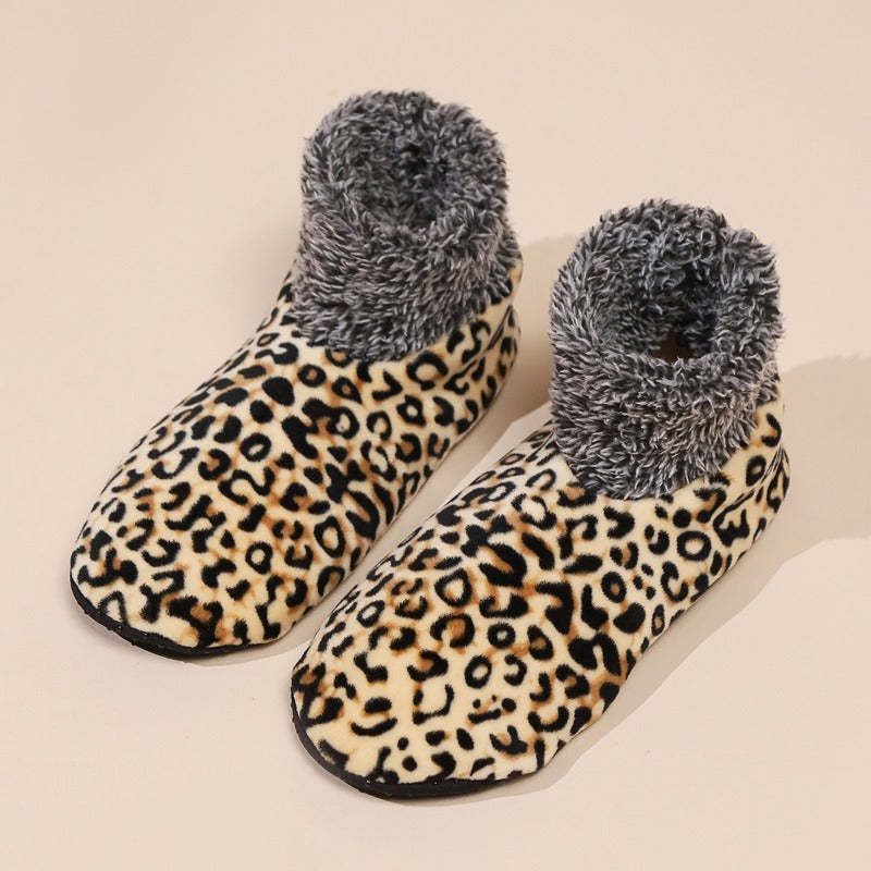 Fur Lined Leopard Indoor Floor Socks  