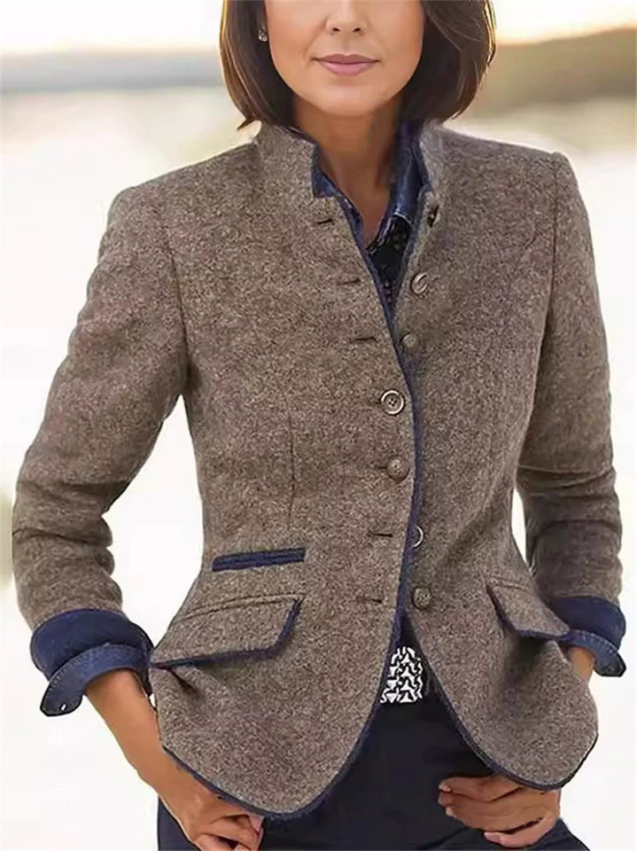 Retro Contrast Trim Stand Collar Single Breasted Long Sleeve Coat for Women