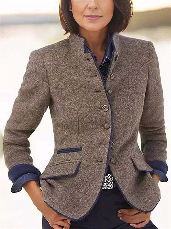Retro Contrast Trim Stand Collar Single Breasted Long Sleeve Coat for Women