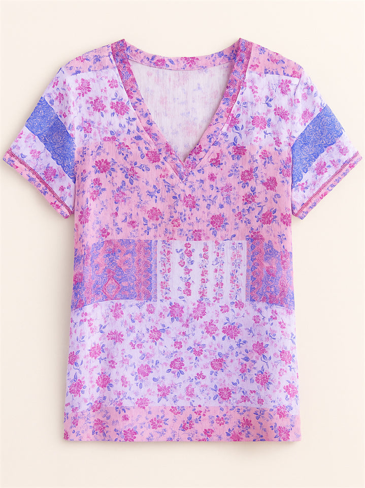 Summer Holiday Style Floral Print V Neck T-Shirt for Women