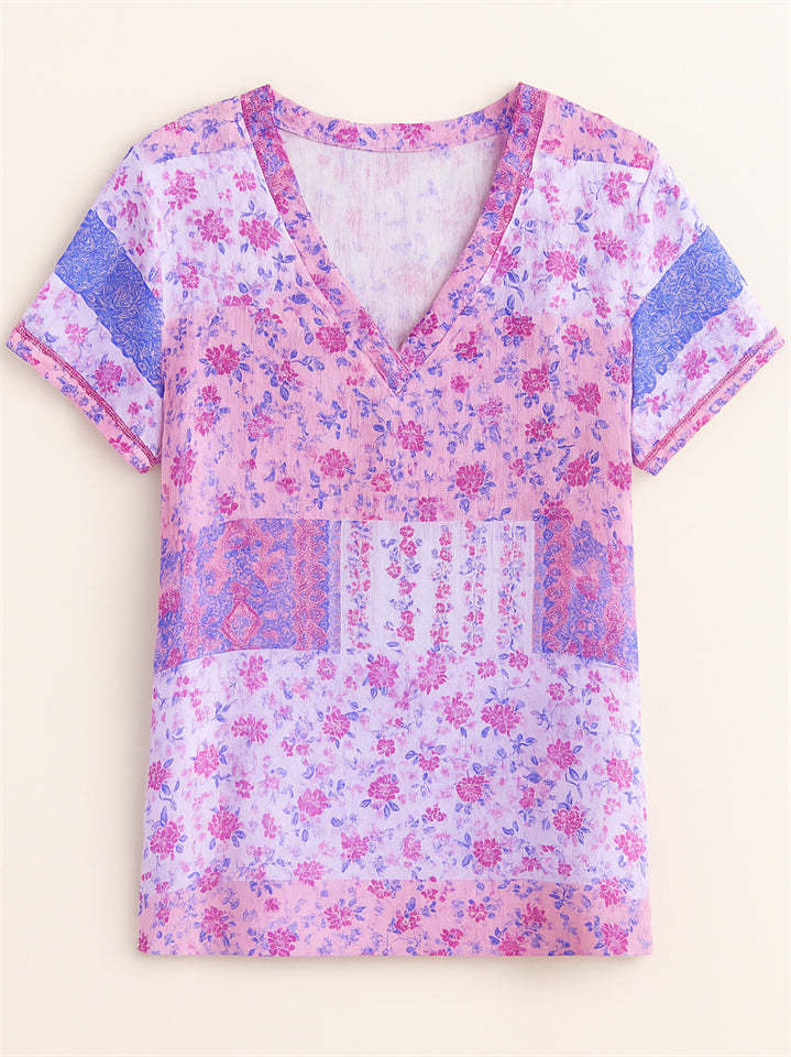 Summer Holiday Style Floral Print V Neck T-Shirt for Women