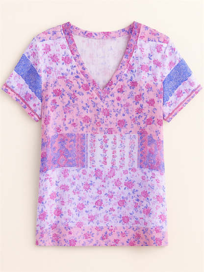 Summer Holiday Style Floral Print V Neck T-Shirt for Women