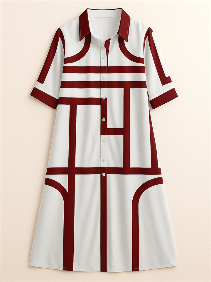 Women's Elegant Geometric Strip Printed  Long Sleeve Knee Length Shirt Dress