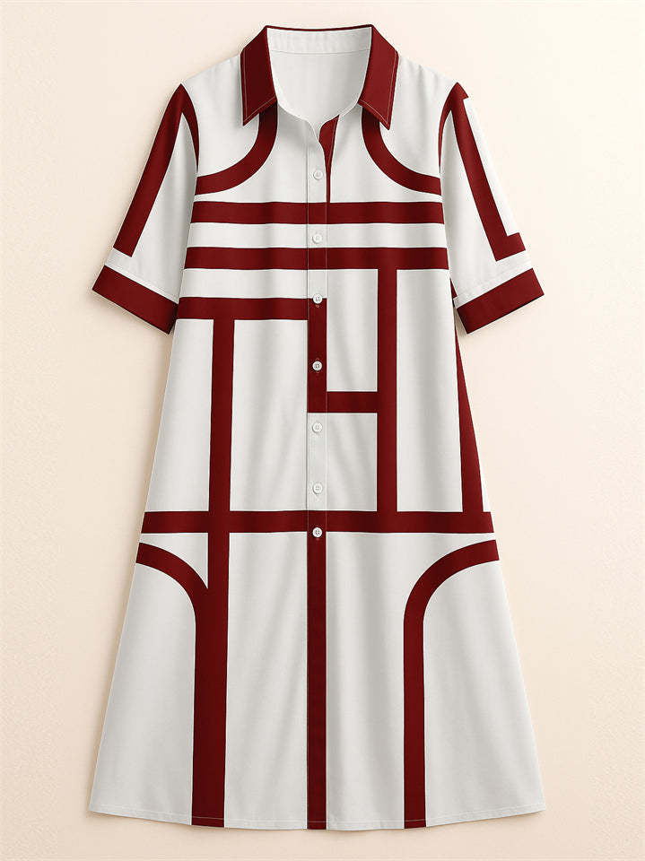 Women's Elegant Geometric Strip Printed Long Sleeve Knee Length Shirt Dress